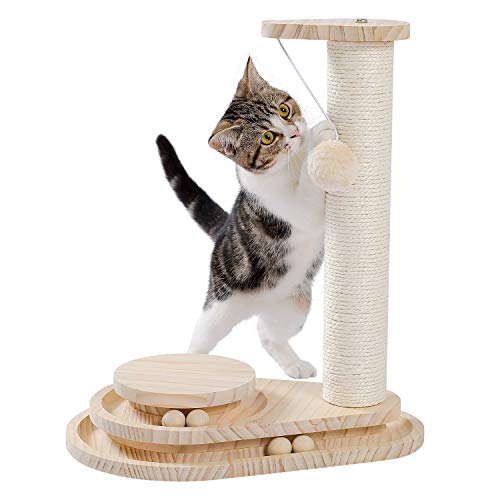 Made4Pets Cat Scratching Post Cat Scratcher Kitten Toys for Indoor Cats Wooden Ball Track Two-Layer Modern Sisal 17.7" Tall Scratch Post Interactive Toy with Dangling Ball