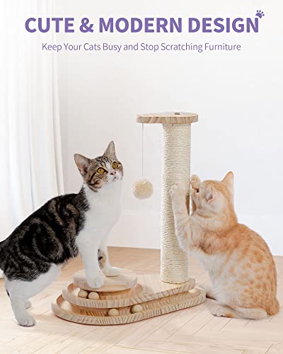 Made4Pets Cat Scratching Post Cat Scratcher Kitten Toys for Indoor Cats Wooden Ball Track Two-Layer Modern Sisal 17.7" Tall Scratch Post Interactive Toy with Dangling Ball