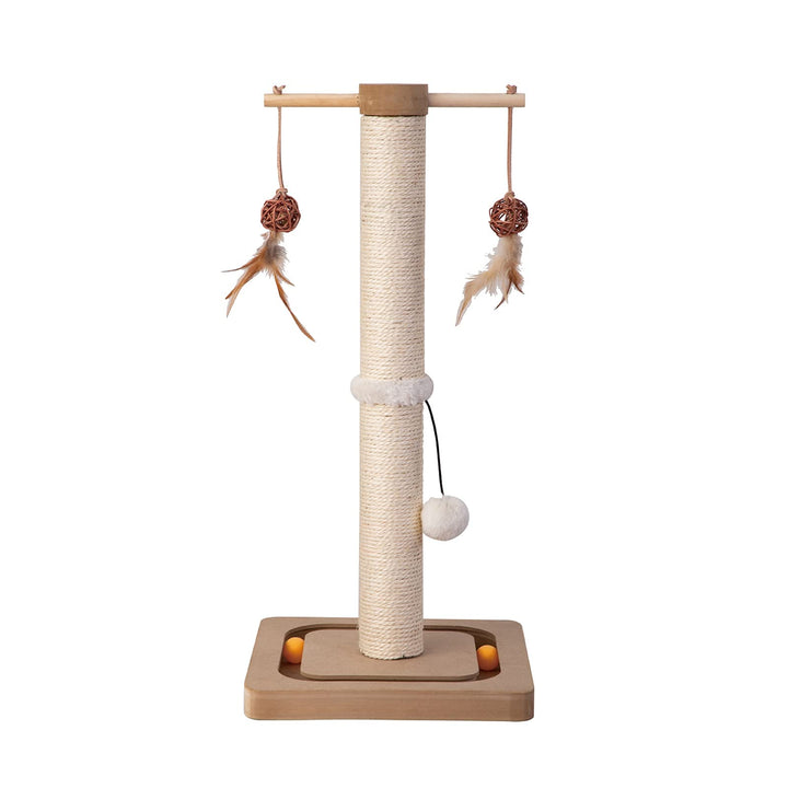 PEEKAB Cat Scratching Post Premium Sisal Toll Scratch Posts with Tracking Interactive Toys Vertical Scratcher for Indoor Cats and Kittens- 25 inches Beige