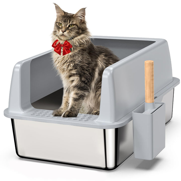 Enclosed Stainless Steel Litter Box with Lid,Metal Litter Box for Big Cats,Extra Large Cat Litter Box with Scoop,Enclosure High Sided Kitty Litter Box,Easy Cleaning, Non-Sticky,Never Hold Smells