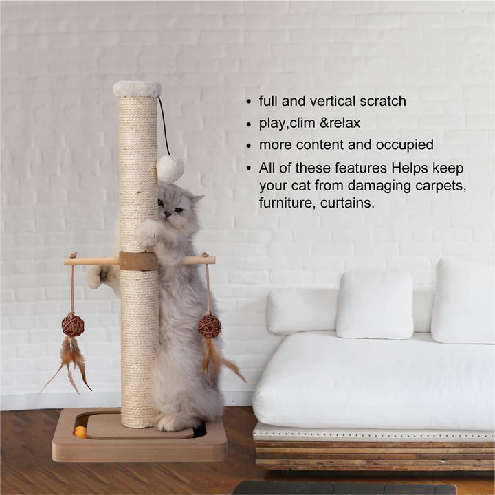 PEEKAB Cat Scratching Post Premium Sisal Toll Scratch Posts with Tracking Interactive Toys Vertical Scratcher for Indoor Cats and Kittens- 25 inches Beige