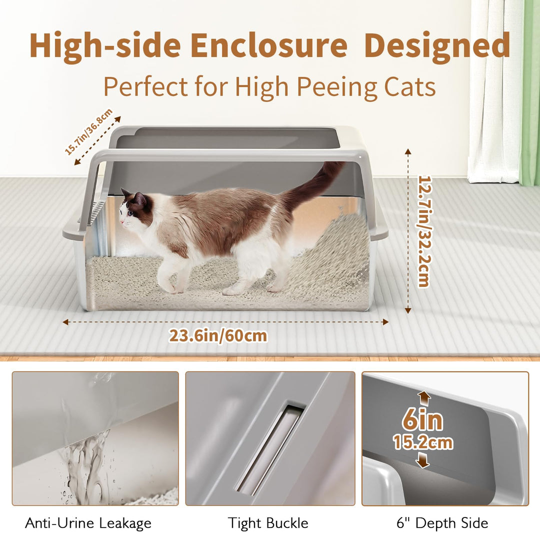 Enclosed Stainless Steel Litter Box with Lid,Metal Litter Box for Big Cats,Extra Large Cat Litter Box with Scoop,Enclosure High Sided Kitty Litter Box,Easy Cleaning, Non-Sticky,Never Hold Smells