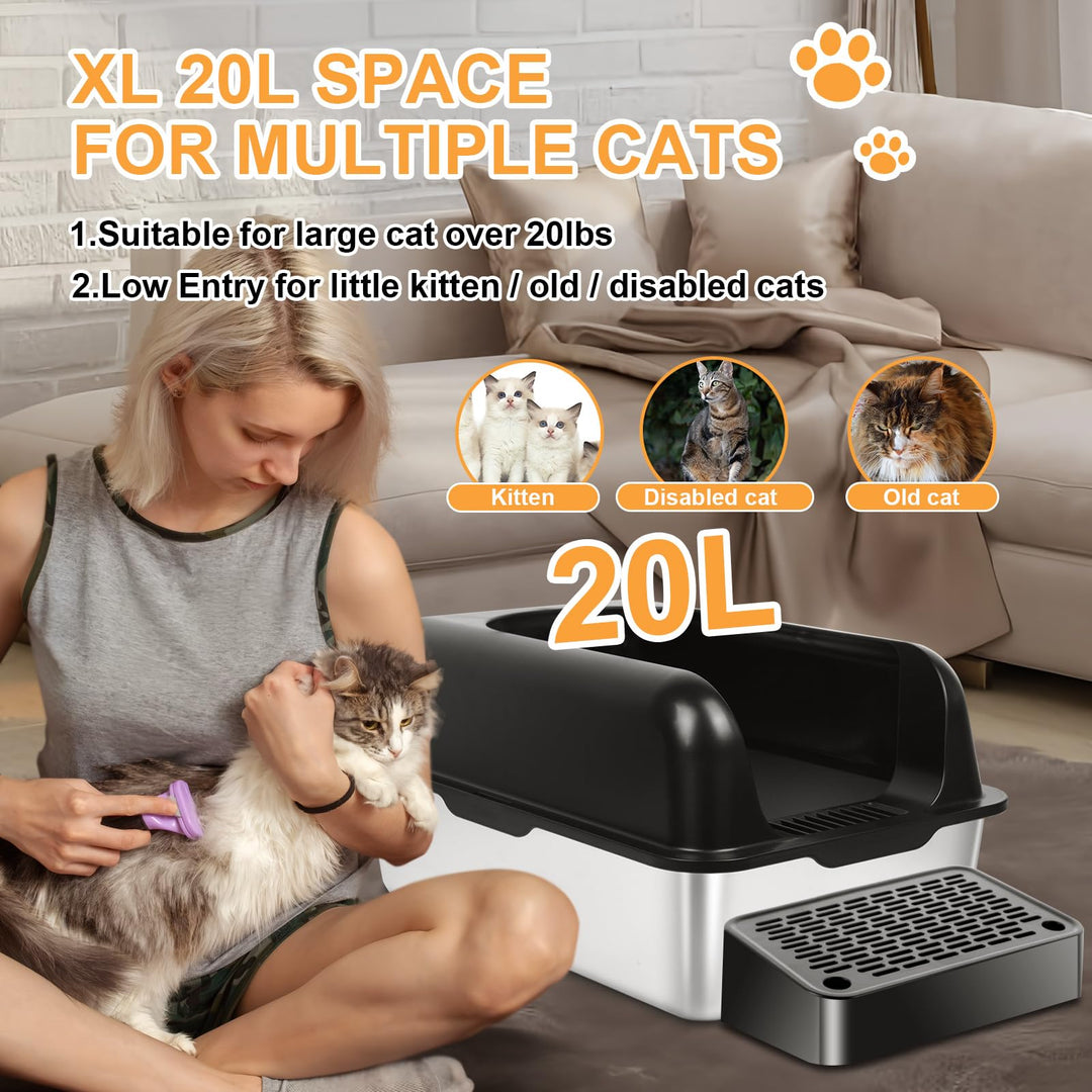Enclosed Stainless Steel Cat Litter Box with Scroop&High Wall - Extra Large Metal Litter Box Stainless Steel for Big Cats,Non-Sticky, Anti-Leakage (Black)