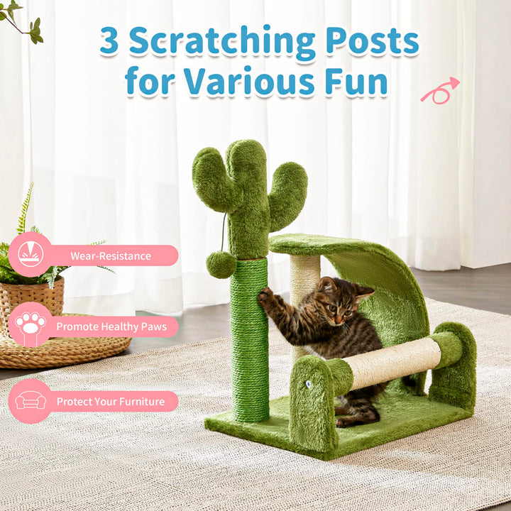 Made4Pets Cat Scratching Post, Cactus Scratcher Tree for Indoor Small Cats, Adult Kitten Scratch Pad with Natural Sisal Ropes, Cute Kitty Nail File Vertical Scratcher with Green Carpet Cover
