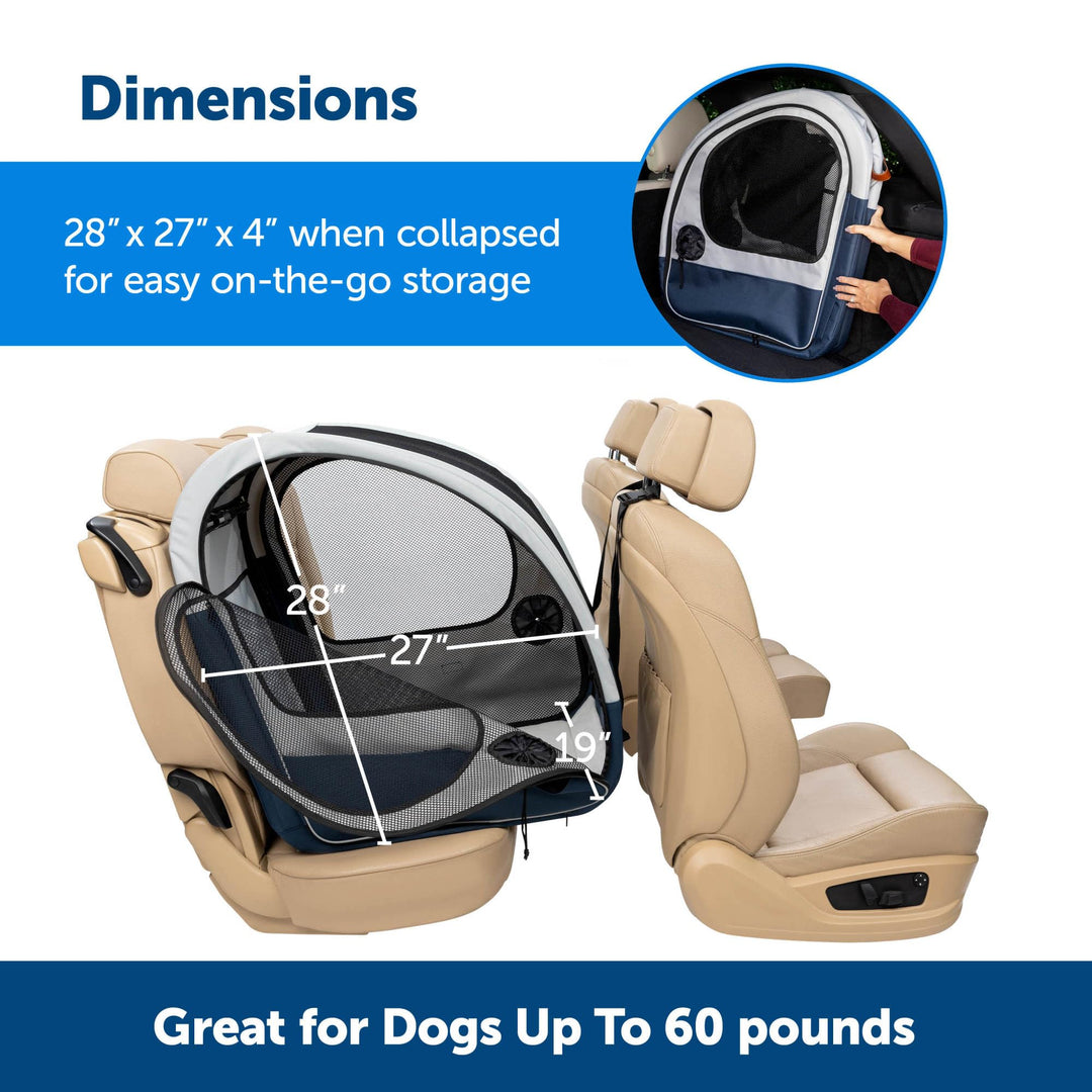 PetSafe Happy Ride Collapsible Dog Travel Crate - Foldable, Portable Dog Crate for Cars - Pets Up to 60lbs - Secures to Seat, Pop-Up Metal Frame, Mesh Zipper Windows, Removable, Washable Fleece Liner