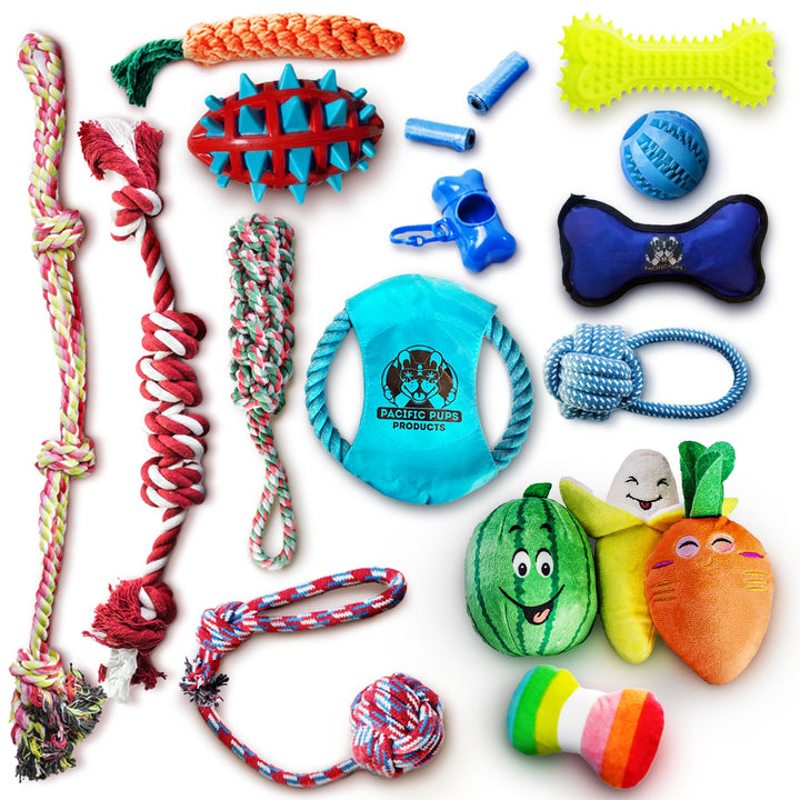 Pacific Pups 18 Piece Dog Toy Set - Plush, Rope & Chew Toys