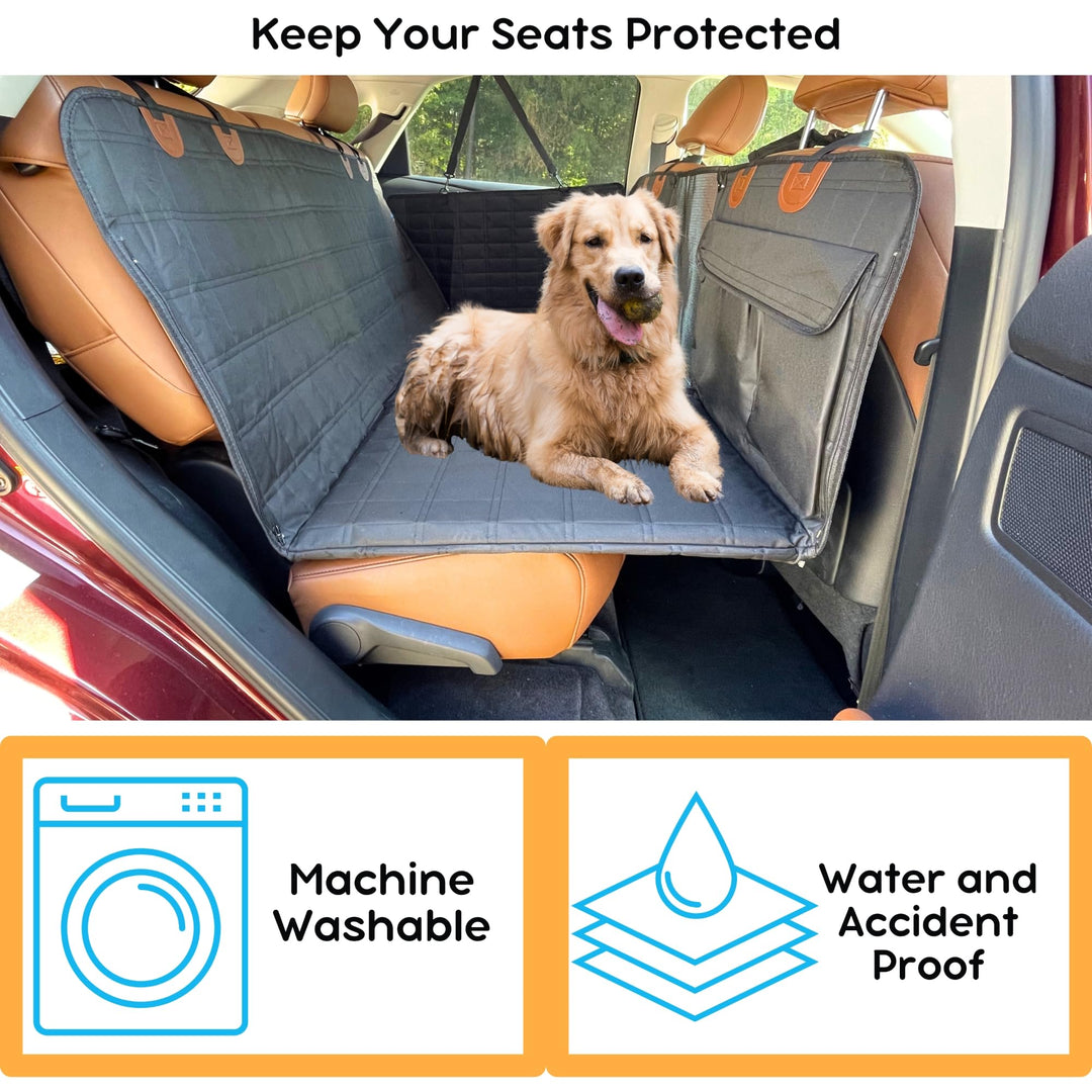 Dog Back Seat Extender - Waterproof Mesh Platform for Cars, Trucks, SUVs - With Storage Pockets and Door Covers (Black)