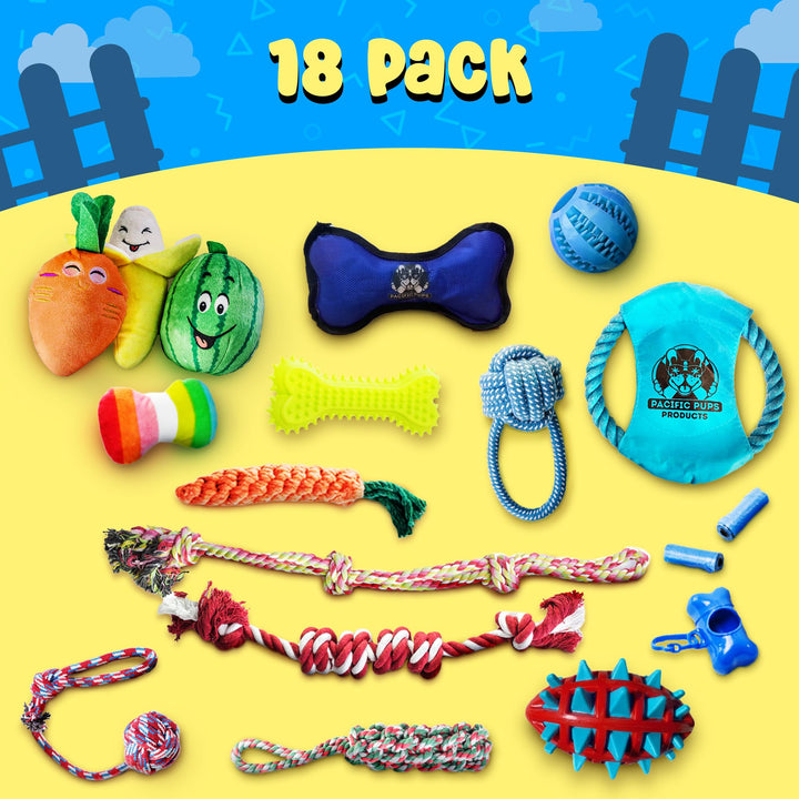 Pacific Pups 18 Piece Dog Toy Set - Plush, Rope & Chew Toys